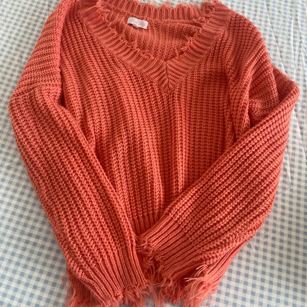 Pink Lily V-Neck Sweater in Coral